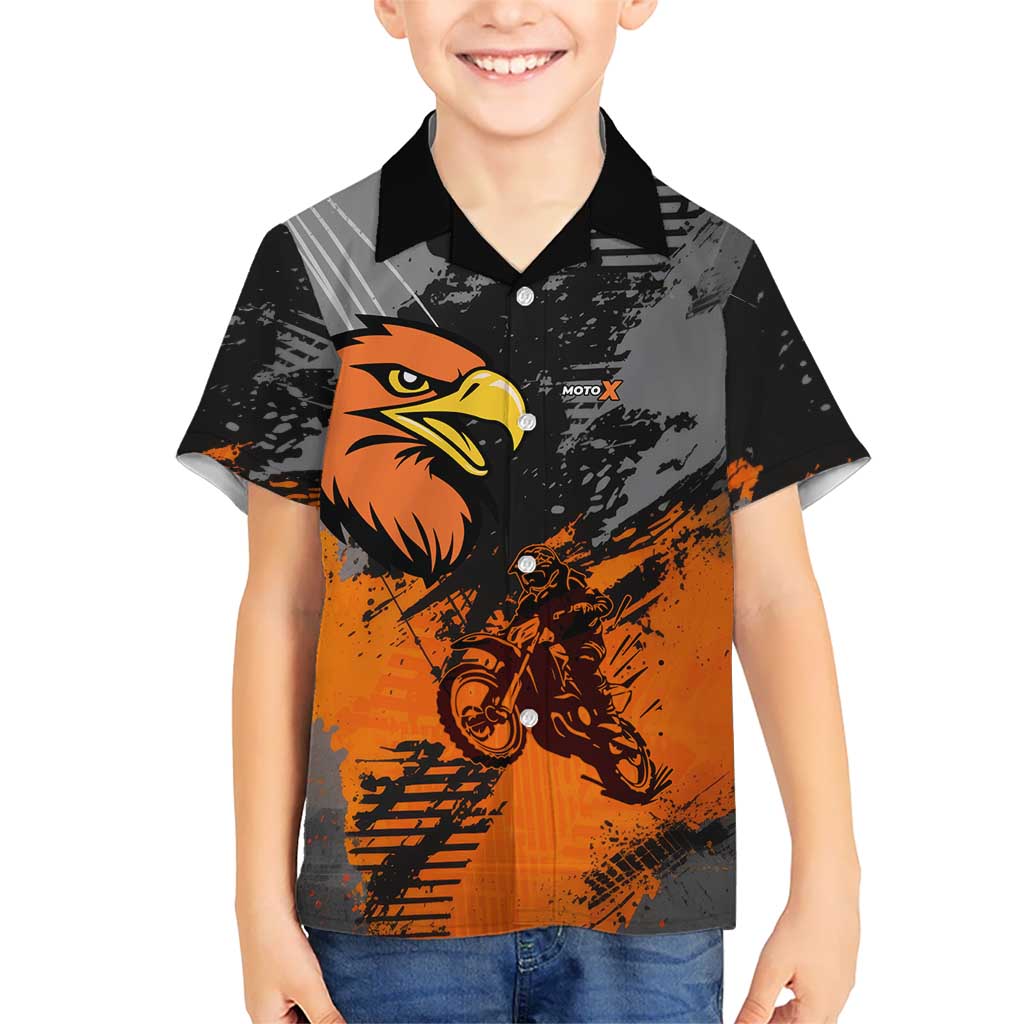 Custom MotoX Eagle Strike Motocross Hawaiian Shirt with Rider Silhouette and Orange Grunge Design - Wonder Print Shop