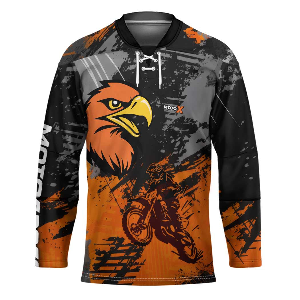 Custom MotoX Eagle Strike Motocross Hockey Jersey with Rider Silhouette and Orange Grunge Design - Wonder Print Shop