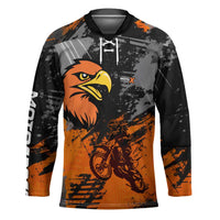 Custom MotoX Eagle Strike Motocross Hockey Jersey with Rider Silhouette and Orange Grunge Design - Wonder Print Shop