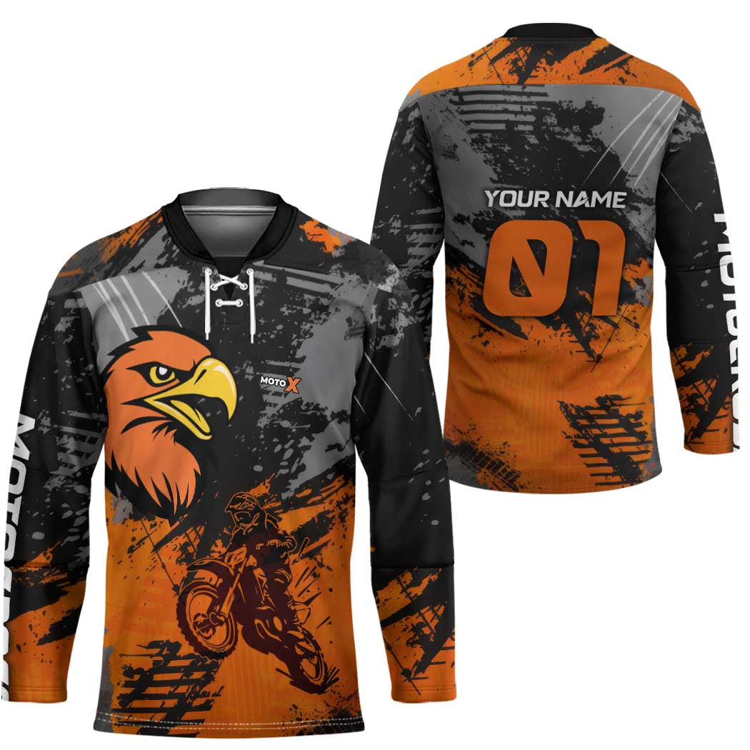 Custom MotoX Eagle Strike Motocross Hockey Jersey with Rider Silhouette and Orange Grunge Design - Wonder Print Shop