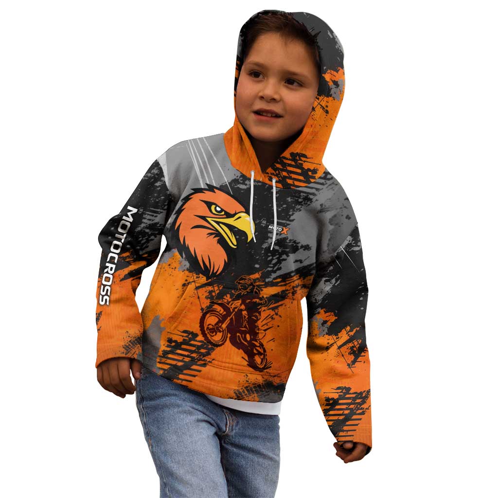 Custom MotoX Eagle Strike Motocross Kid Hoodie with Rider Silhouette and Orange Grunge Design - Wonder Print Shop