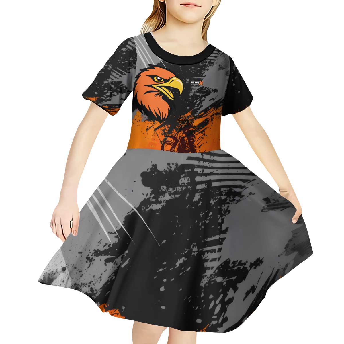 Custom MotoX Eagle Strike Motocross Kid Short Sleeve Dress with Rider Silhouette and Orange Grunge Design - Wonder Print Shop