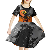 Custom MotoX Eagle Strike Motocross Kid Short Sleeve Dress with Rider Silhouette and Orange Grunge Design - Wonder Print Shop