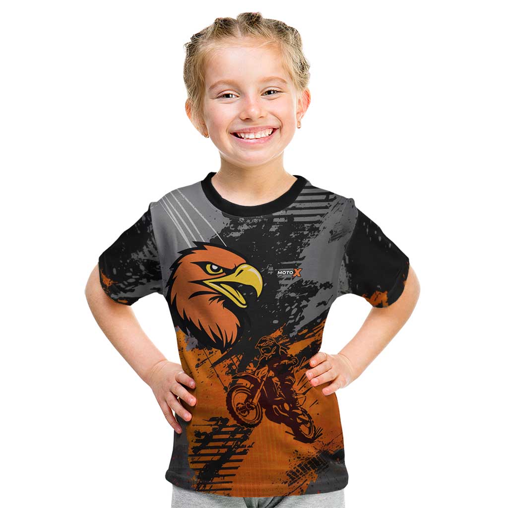 Custom MotoX Eagle Strike Motocross Kid T Shirt with Rider Silhouette and Orange Grunge Design - Wonder Print Shop
