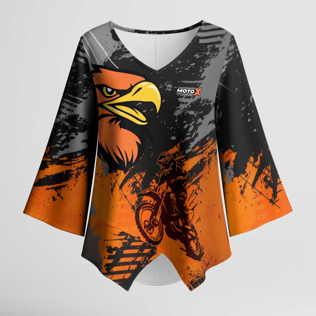 Custom MotoX Eagle Strike Motocross Kimono Sleeve Blouse with Rider Silhouette and Orange Grunge Design - Wonder Print Shop
