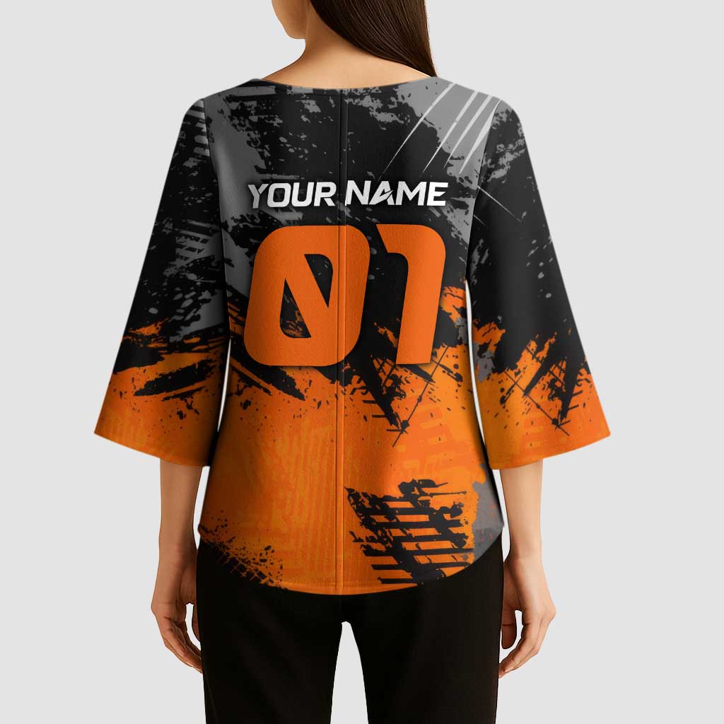 Custom MotoX Eagle Strike Motocross Kimono Sleeve Blouse with Rider Silhouette and Orange Grunge Design - Wonder Print Shop