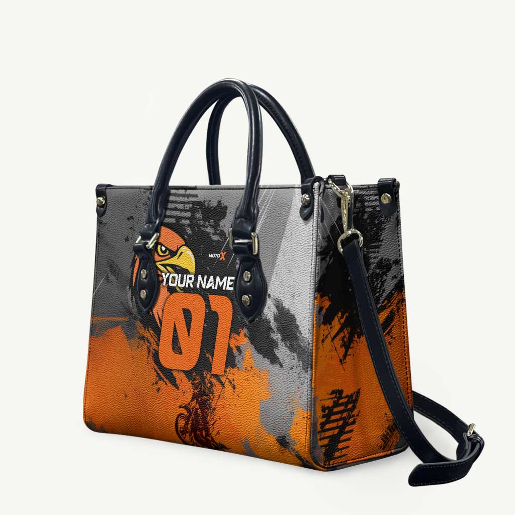 Custom MotoX Eagle Strike Motocross Leather Bag with Rider Silhouette and Orange Grunge Design - Wonder Print Shop