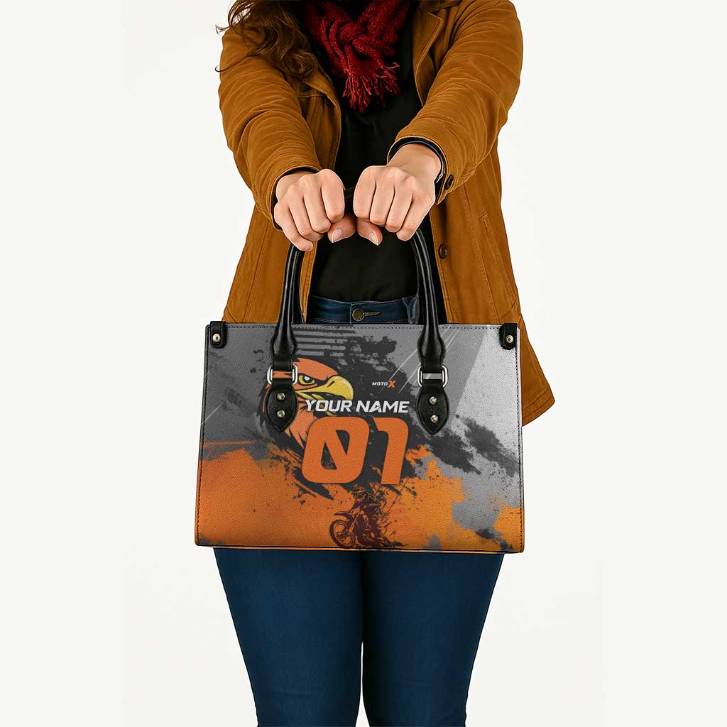 Custom MotoX Eagle Strike Motocross Leather Bag with Rider Silhouette and Orange Grunge Design - Wonder Print Shop