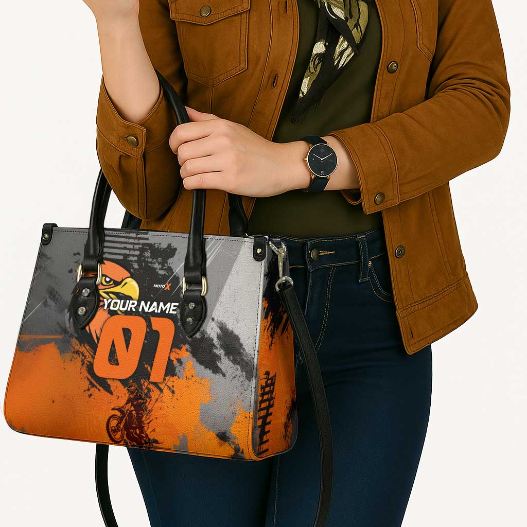 Custom MotoX Eagle Strike Motocross Leather Bag with Rider Silhouette and Orange Grunge Design - Wonder Print Shop