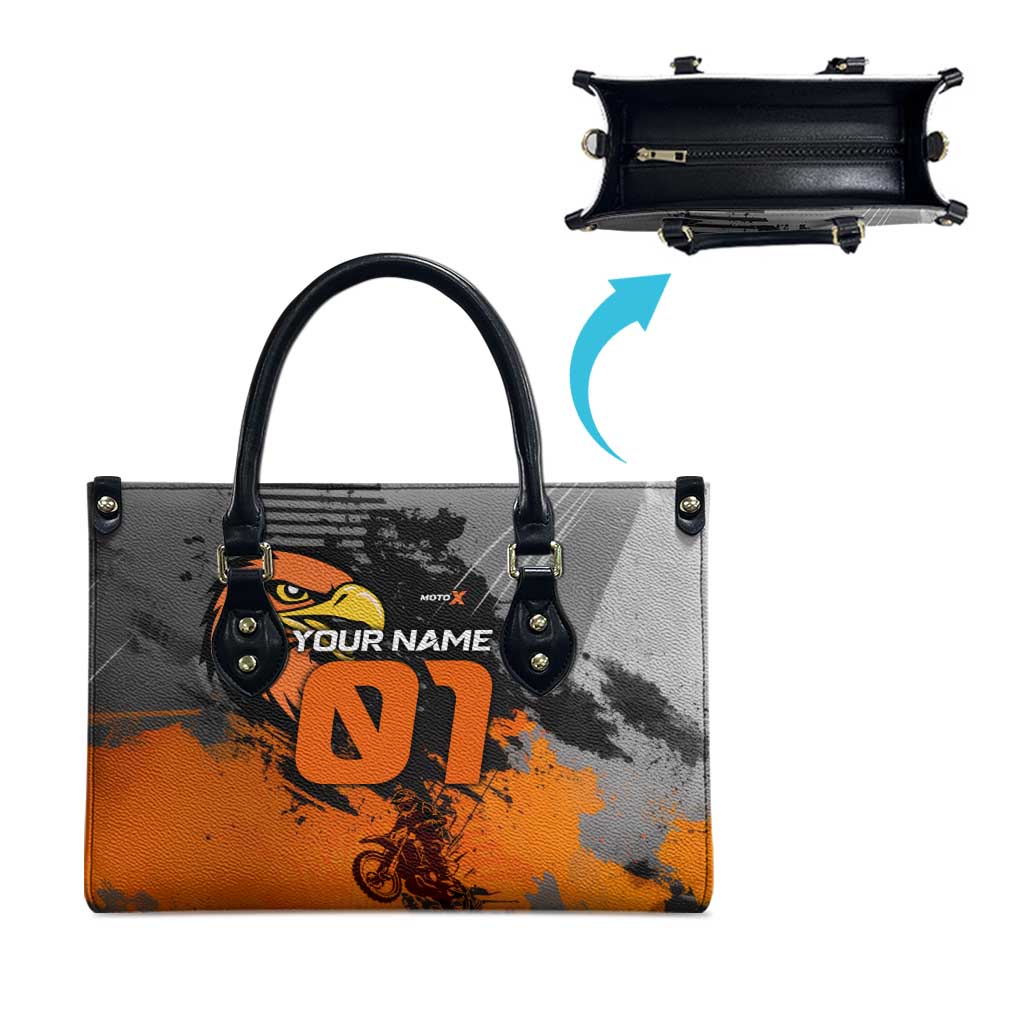 Custom MotoX Eagle Strike Motocross Leather Bag with Rider Silhouette and Orange Grunge Design - Wonder Print Shop