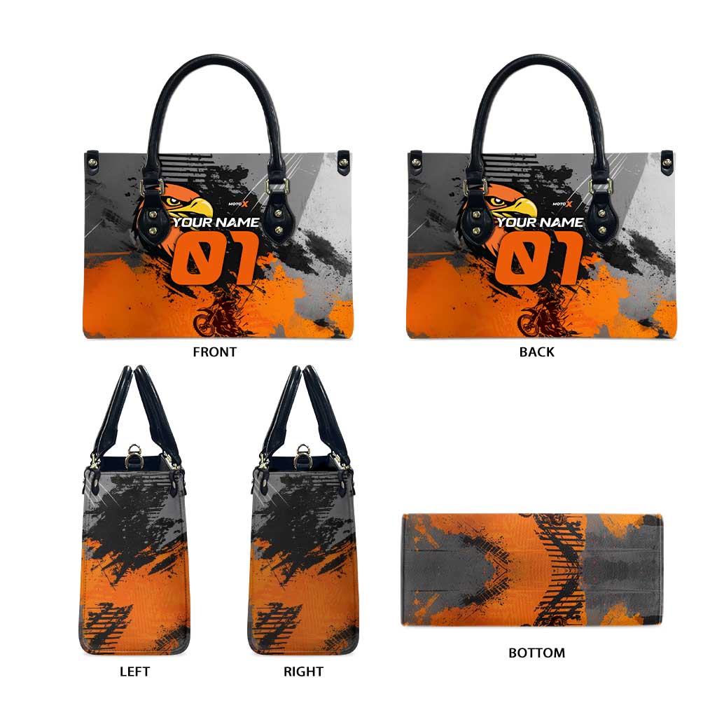 Custom MotoX Eagle Strike Motocross Leather Bag with Rider Silhouette and Orange Grunge Design - Wonder Print Shop