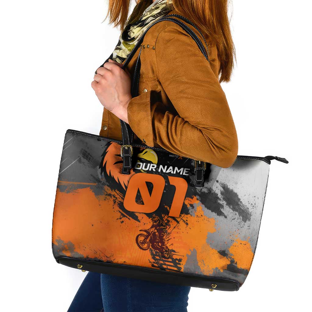 Custom MotoX Eagle Strike Motocross Leather Tote Bag with Rider Silhouette and Orange Grunge Design - Wonder Print Shop