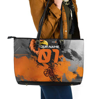 Custom MotoX Eagle Strike Motocross Leather Tote Bag with Rider Silhouette and Orange Grunge Design - Wonder Print Shop