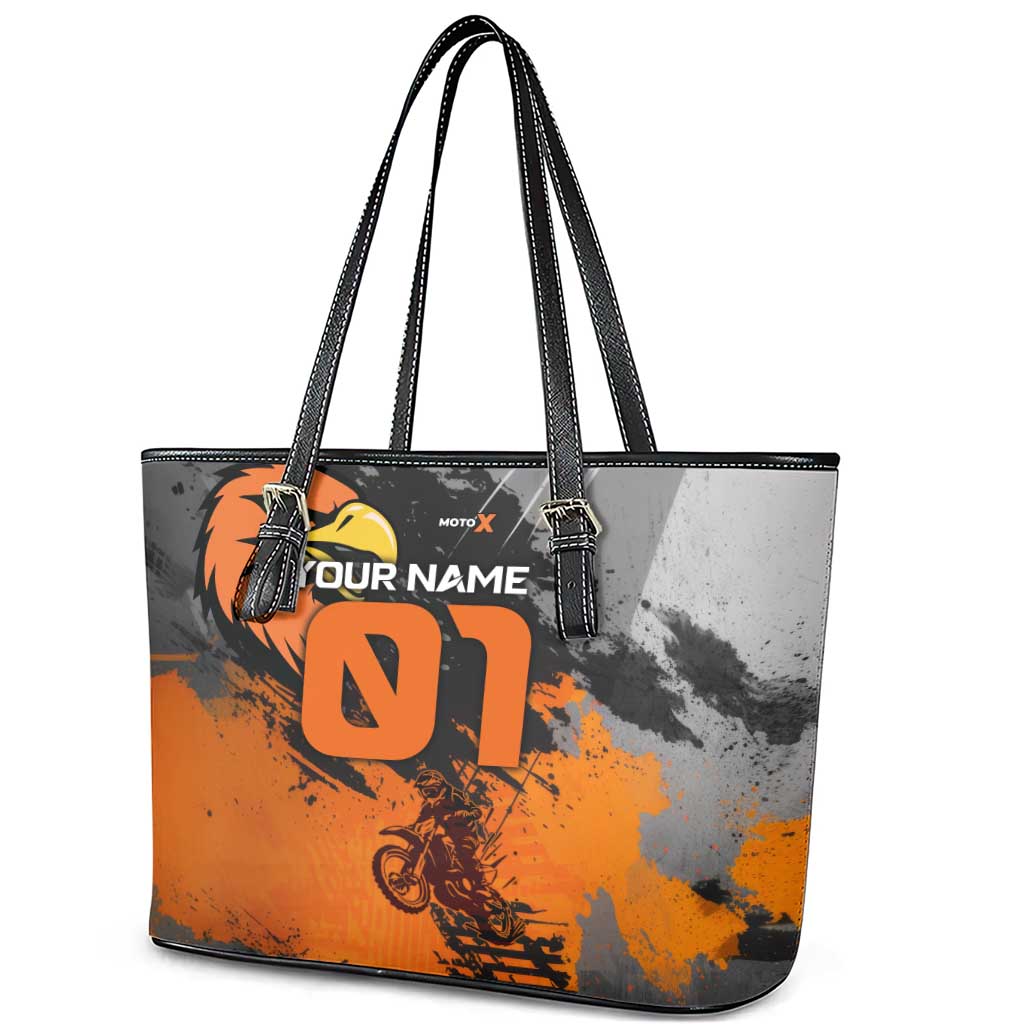 Custom MotoX Eagle Strike Motocross Leather Tote Bag with Rider Silhouette and Orange Grunge Design - Wonder Print Shop