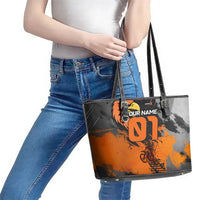 Custom MotoX Eagle Strike Motocross Leather Tote Bag with Rider Silhouette and Orange Grunge Design - Wonder Print Shop