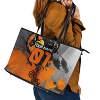 Custom MotoX Eagle Strike Motocross Leather Tote Bag with Rider Silhouette and Orange Grunge Design - Wonder Print Shop