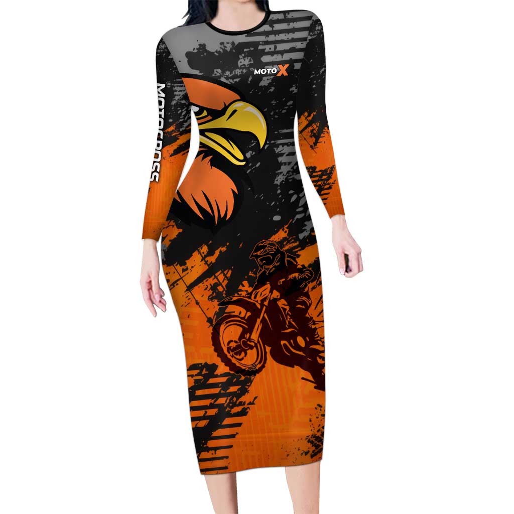 Custom MotoX Eagle Strike Motocross Long Sleeve Bodycon Dress with Rider Silhouette and Orange Grunge Design - Wonder Print Shop