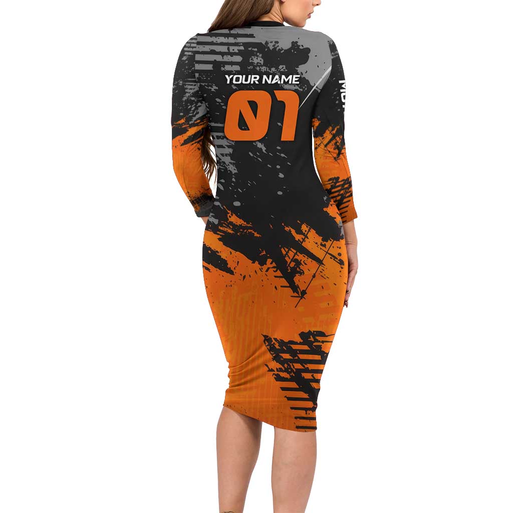 Custom MotoX Eagle Strike Motocross Long Sleeve Bodycon Dress with Rider Silhouette and Orange Grunge Design - Wonder Print Shop