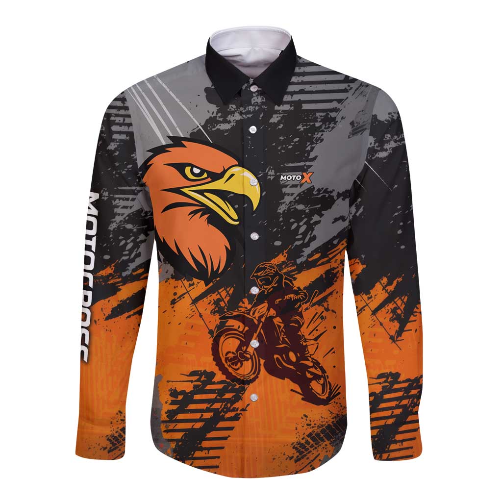 Custom MotoX Eagle Strike Motocross Long Sleeve Button Shirt with Rider Silhouette and Orange Grunge Design - Wonder Print Shop