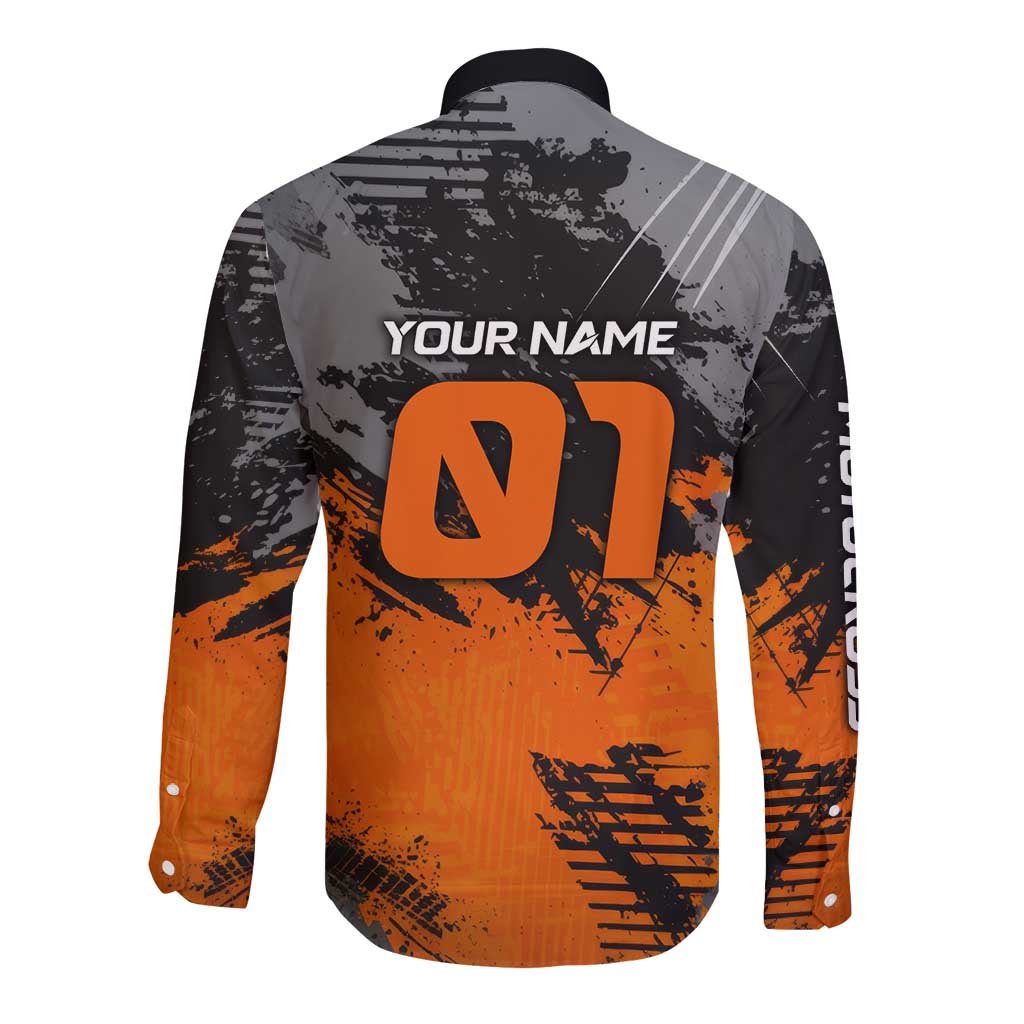 Custom MotoX Eagle Strike Motocross Long Sleeve Button Shirt with Rider Silhouette and Orange Grunge Design - Wonder Print Shop