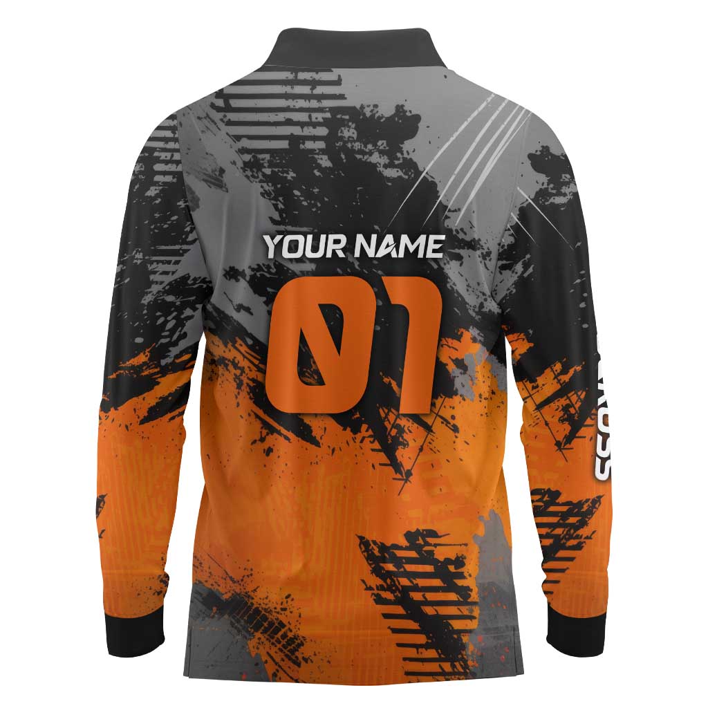 Custom MotoX Eagle Strike Motocross Long Sleeve Polo Shirt with Rider Silhouette and Orange Grunge Design - Wonder Print Shop