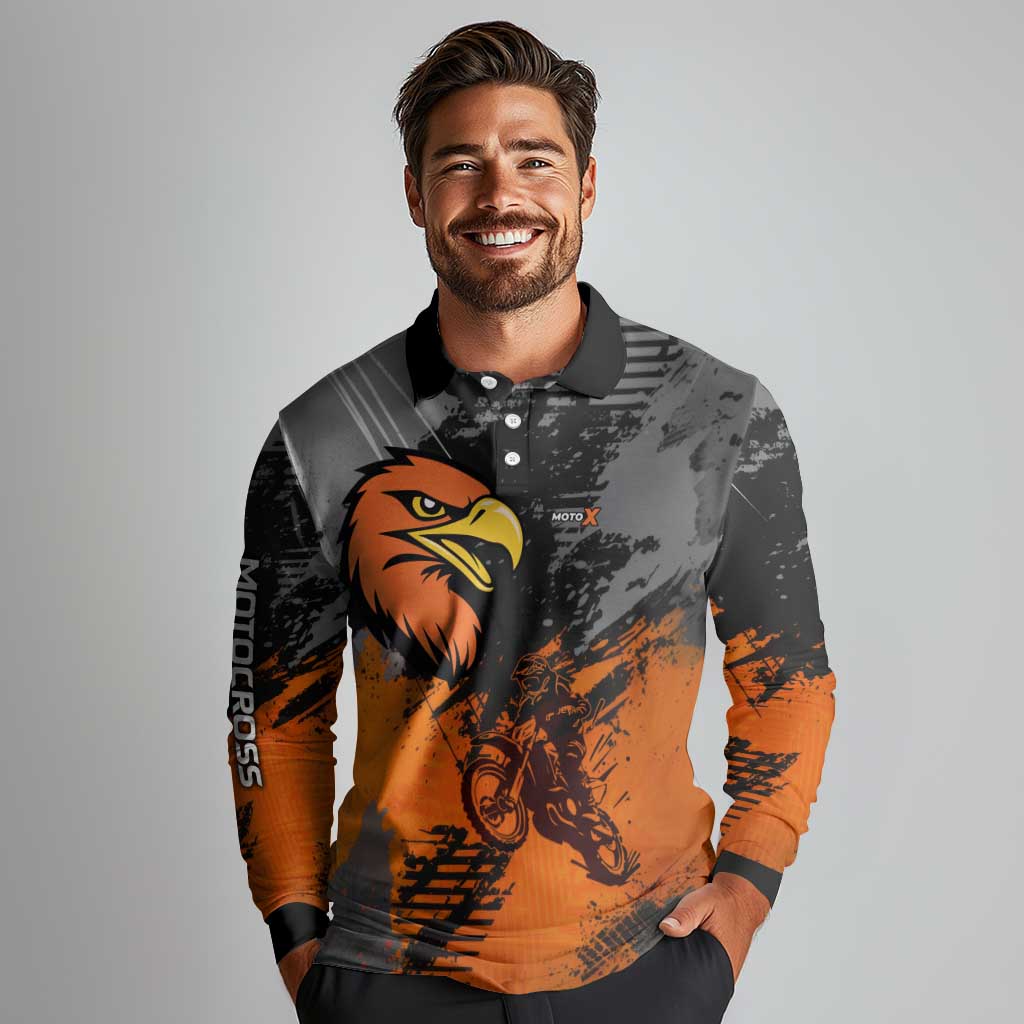 Custom MotoX Eagle Strike Motocross Long Sleeve Polo Shirt with Rider Silhouette and Orange Grunge Design - Wonder Print Shop