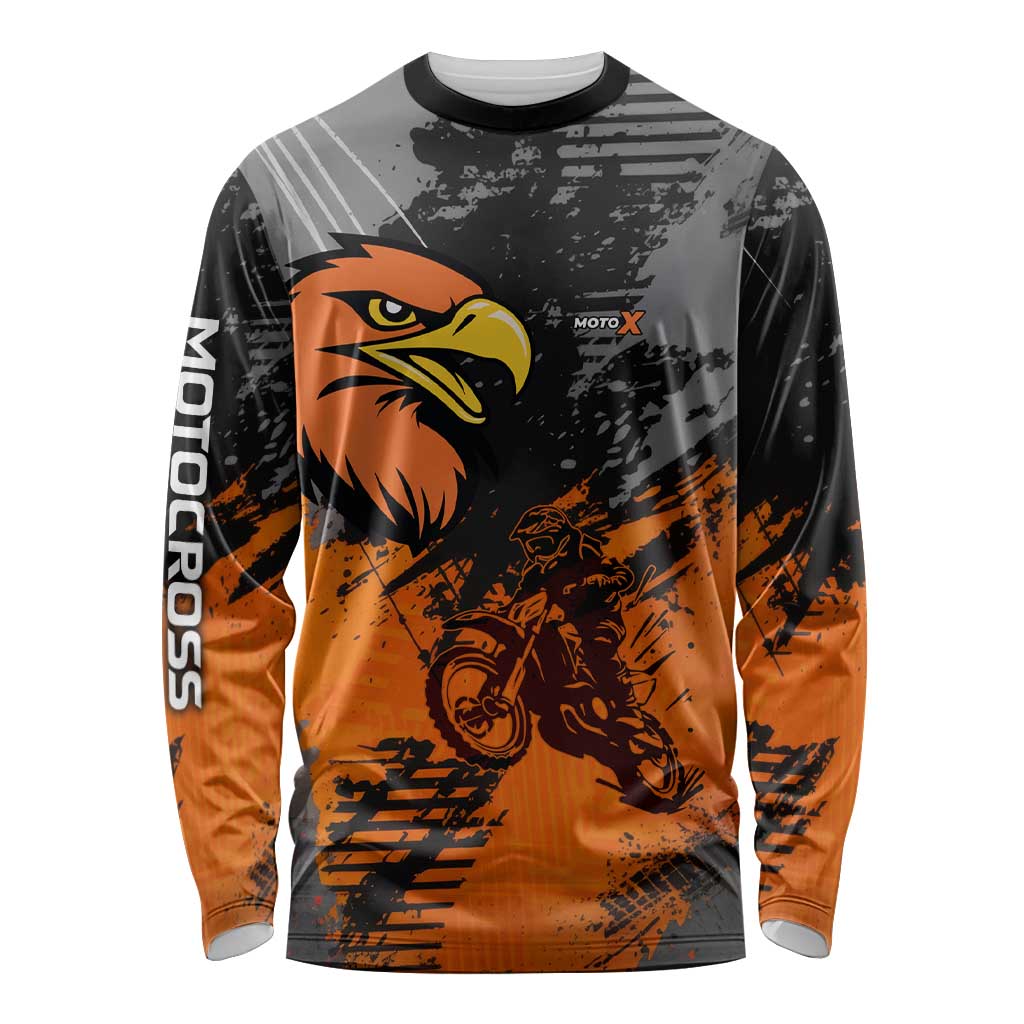 Custom MotoX Eagle Strike Motocross Long Sleeve Shirt with Rider Silhouette and Orange Grunge Design - Wonder Print Shop