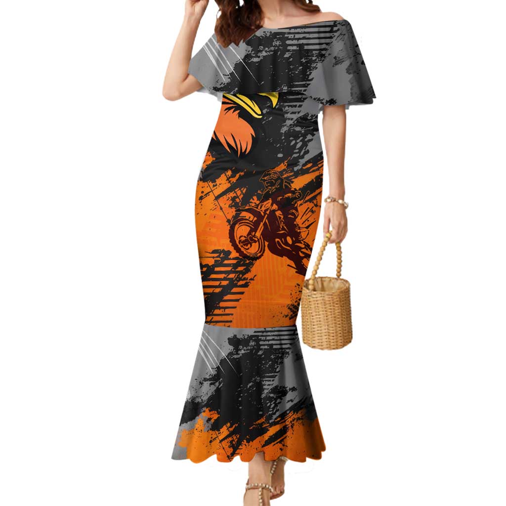 Custom MotoX Eagle Strike Motocross Mermaid Dress with Rider Silhouette and Orange Grunge Design - Wonder Print Shop