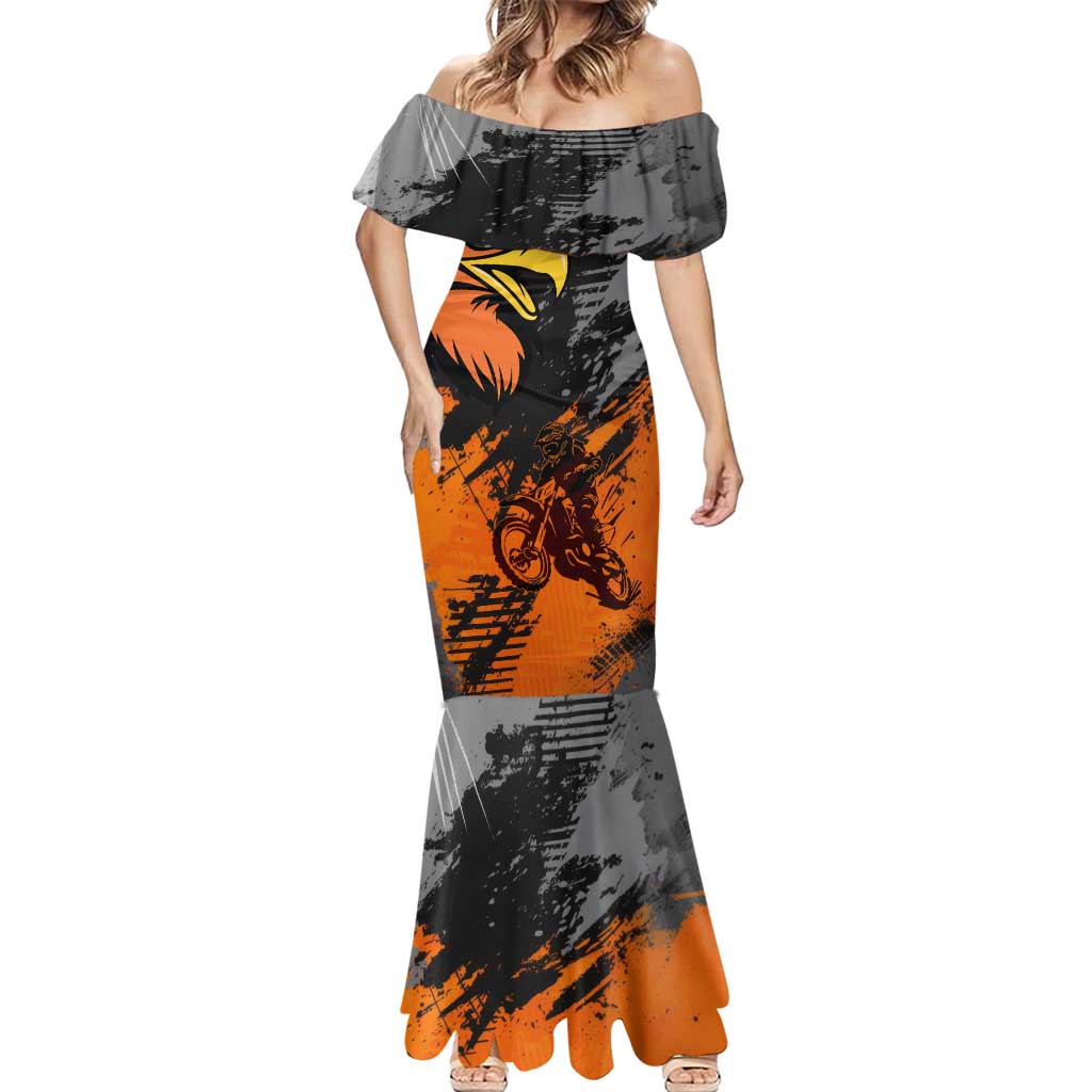 Custom MotoX Eagle Strike Motocross Mermaid Dress with Rider Silhouette and Orange Grunge Design - Wonder Print Shop
