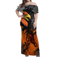Custom MotoX Eagle Strike Motocross Off Shoulder Maxi Dress with Rider Silhouette and Orange Grunge Design - Wonder Print Shop