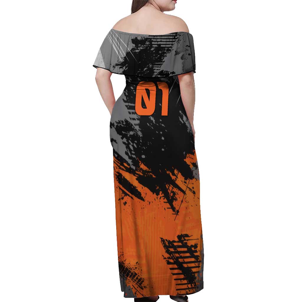 Custom MotoX Eagle Strike Motocross Off Shoulder Maxi Dress with Rider Silhouette and Orange Grunge Design - Wonder Print Shop