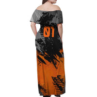 Custom MotoX Eagle Strike Motocross Off Shoulder Maxi Dress with Rider Silhouette and Orange Grunge Design - Wonder Print Shop