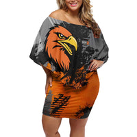 Custom MotoX Eagle Strike Motocross Off Shoulder Short Dress with Rider Silhouette and Orange Grunge Design - Wonder Print Shop
