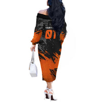 Custom MotoX Eagle Strike Motocross Off The Shoulder Long Sleeve Dress with Rider Silhouette and Orange Grunge Design - Wonder Print Shop