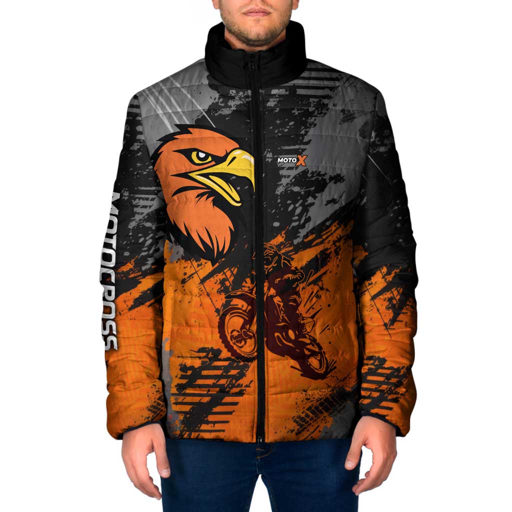 Custom MotoX Eagle Strike Motocross Padded Jacket with Rider Silhouette and Orange Grunge Design - Wonder Print Shop