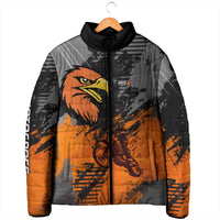 Custom MotoX Eagle Strike Motocross Padded Jacket with Rider Silhouette and Orange Grunge Design - Wonder Print Shop