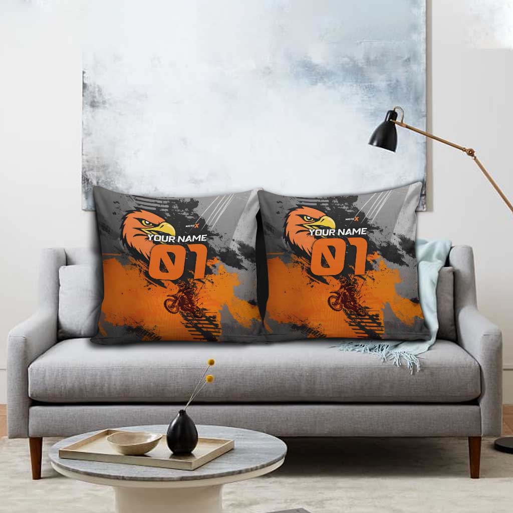 Custom MotoX Eagle Strike Motocross Pillow Cover with Rider Silhouette and Orange Grunge Design - Wonder Print Shop
