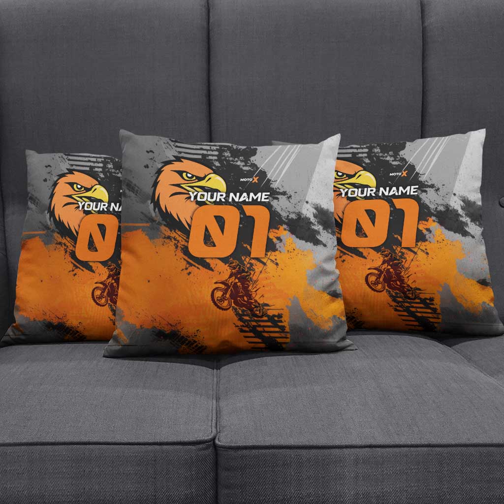 Custom MotoX Eagle Strike Motocross Pillow Cover with Rider Silhouette and Orange Grunge Design - Wonder Print Shop