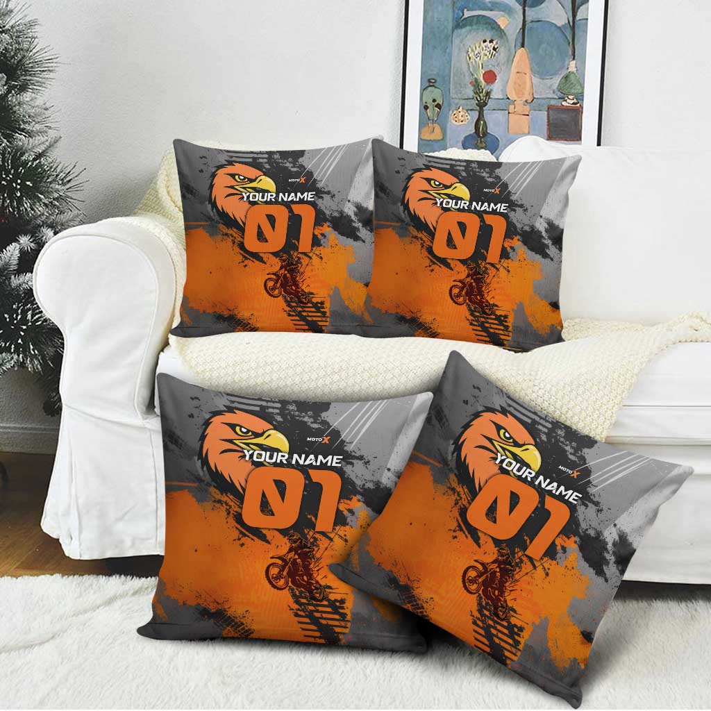 Custom MotoX Eagle Strike Motocross Pillow Cover with Rider Silhouette and Orange Grunge Design - Wonder Print Shop