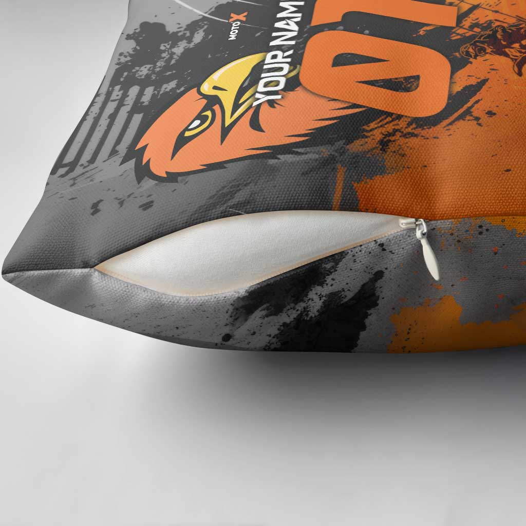 Custom MotoX Eagle Strike Motocross Pillow Cover with Rider Silhouette and Orange Grunge Design - Wonder Print Shop