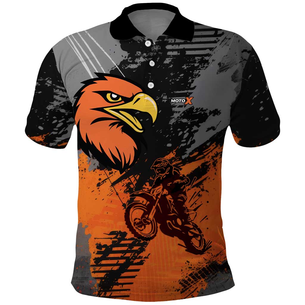 Custom MotoX Eagle Strike Motocross Polo Shirt with Rider Silhouette and Orange Grunge Design - Wonder Print Shop