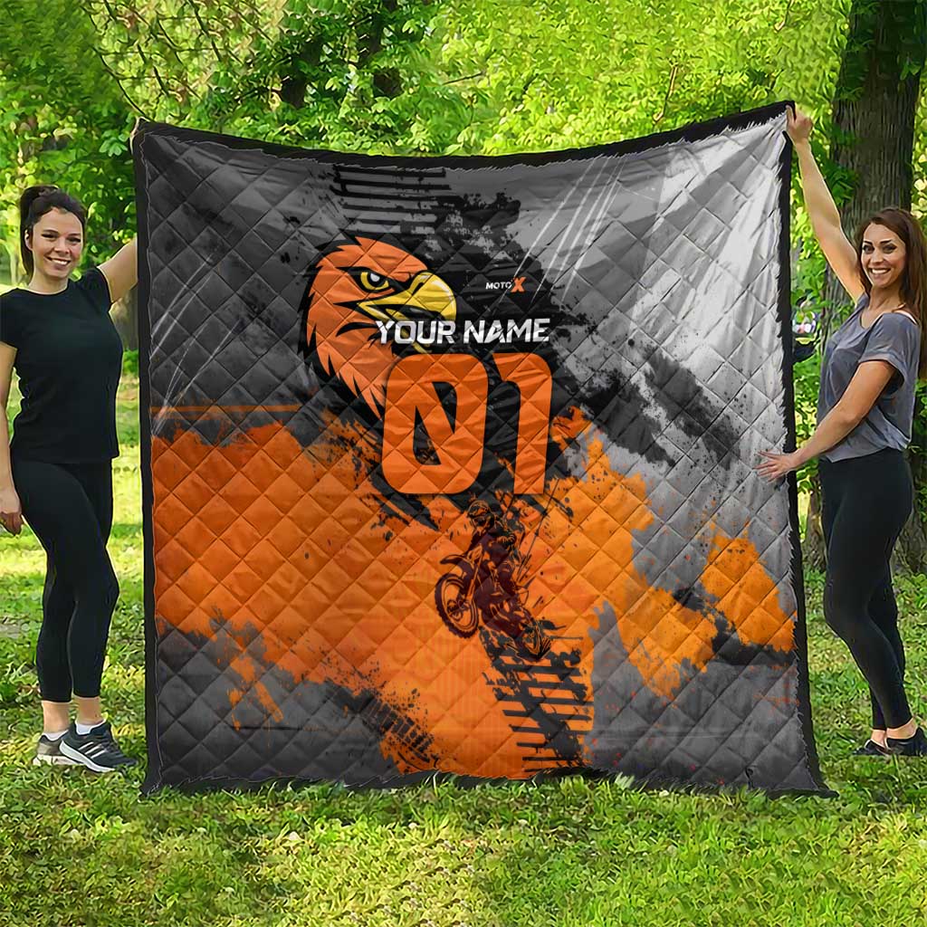 Custom MotoX Eagle Strike Motocross Quilt with Rider Silhouette and Orange Grunge Design - Wonder Print Shop