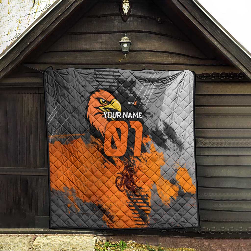 Custom MotoX Eagle Strike Motocross Quilt with Rider Silhouette and Orange Grunge Design - Wonder Print Shop