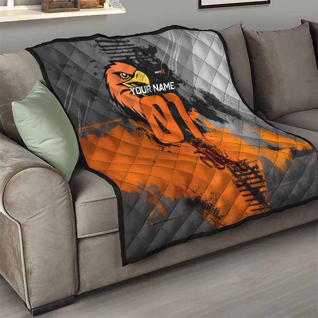 Custom MotoX Eagle Strike Motocross Quilt with Rider Silhouette and Orange Grunge Design - Wonder Print Shop