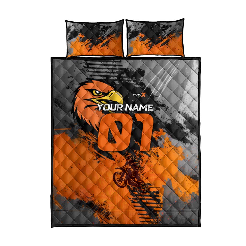 Custom MotoX Eagle Strike Motocross Quilt Bed Set with Rider Silhouette and Orange Grunge Design - Wonder Print Shop