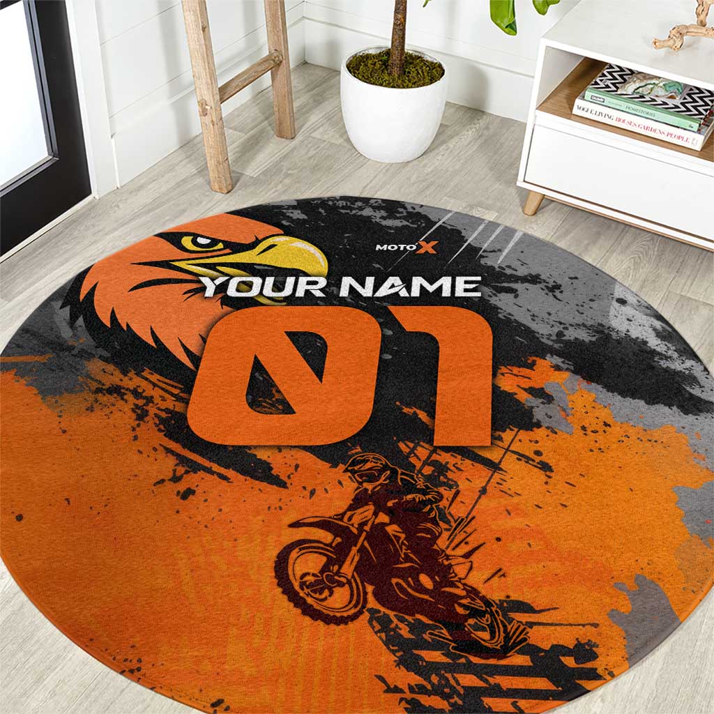 Custom MotoX Eagle Strike Motocross Round Carpet with Rider Silhouette and Orange Grunge Design - Wonder Print Shop