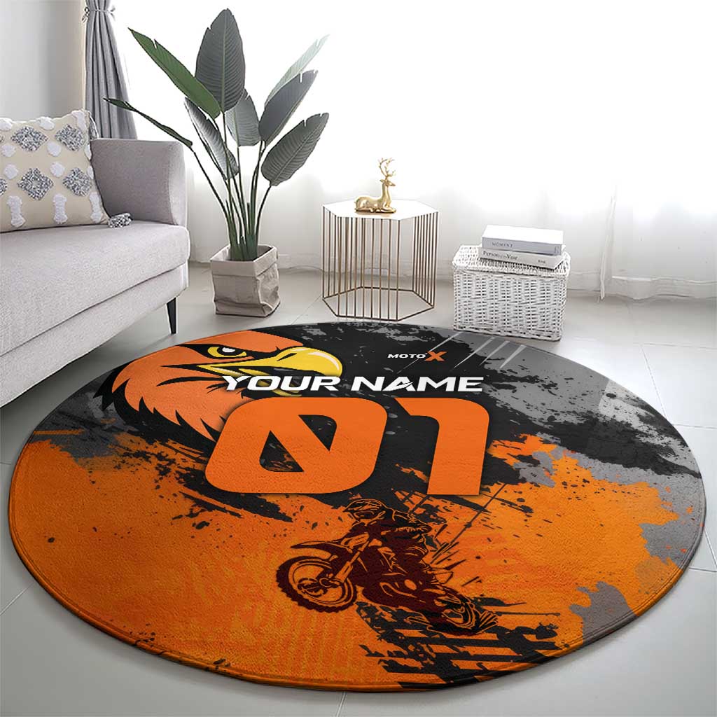 Custom MotoX Eagle Strike Motocross Round Carpet with Rider Silhouette and Orange Grunge Design - Wonder Print Shop