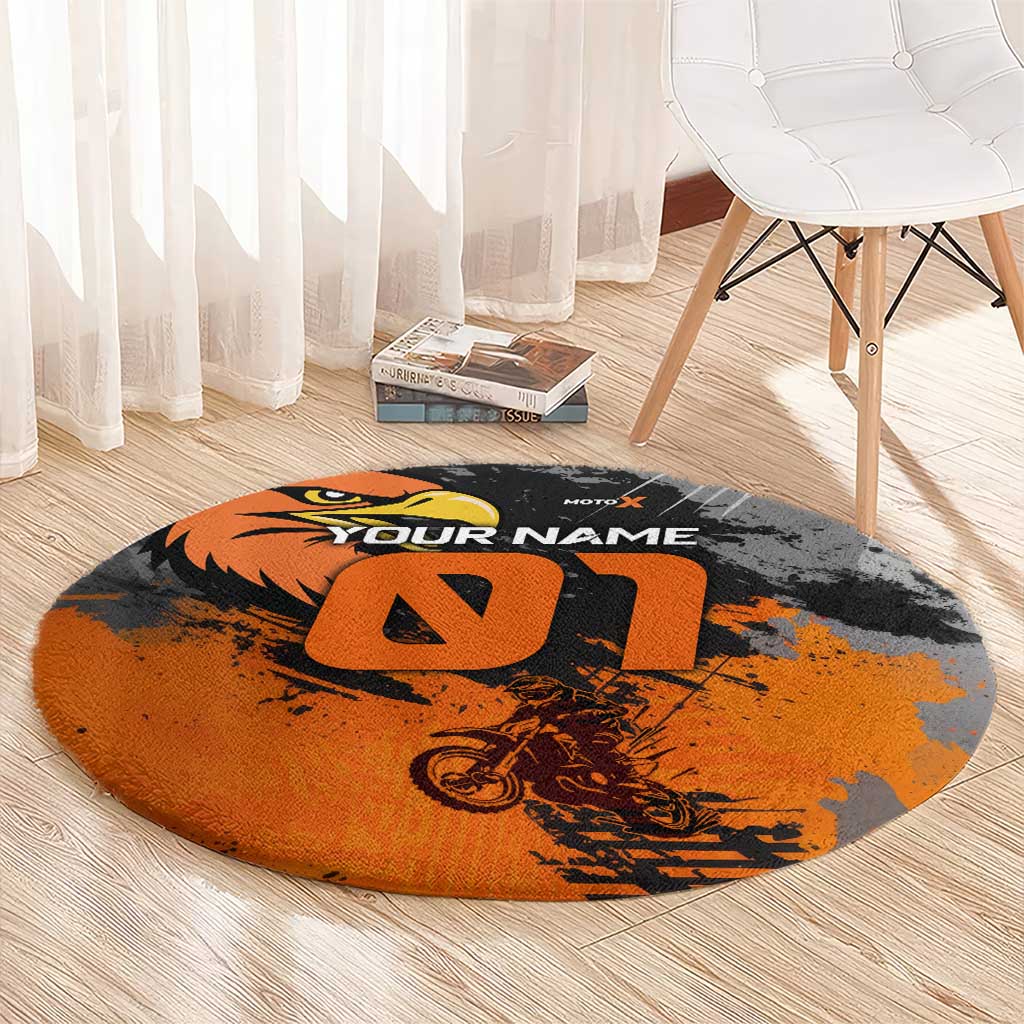 Custom MotoX Eagle Strike Motocross Round Carpet with Rider Silhouette and Orange Grunge Design - Wonder Print Shop