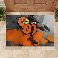 Custom MotoX Eagle Strike Motocross Rubber Doormat with Rider Silhouette and Orange Grunge Design - Wonder Print Shop