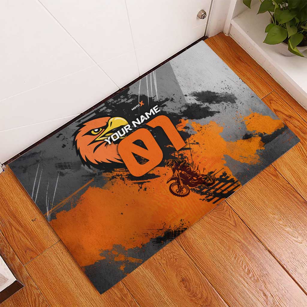 Custom MotoX Eagle Strike Motocross Rubber Doormat with Rider Silhouette and Orange Grunge Design - Wonder Print Shop